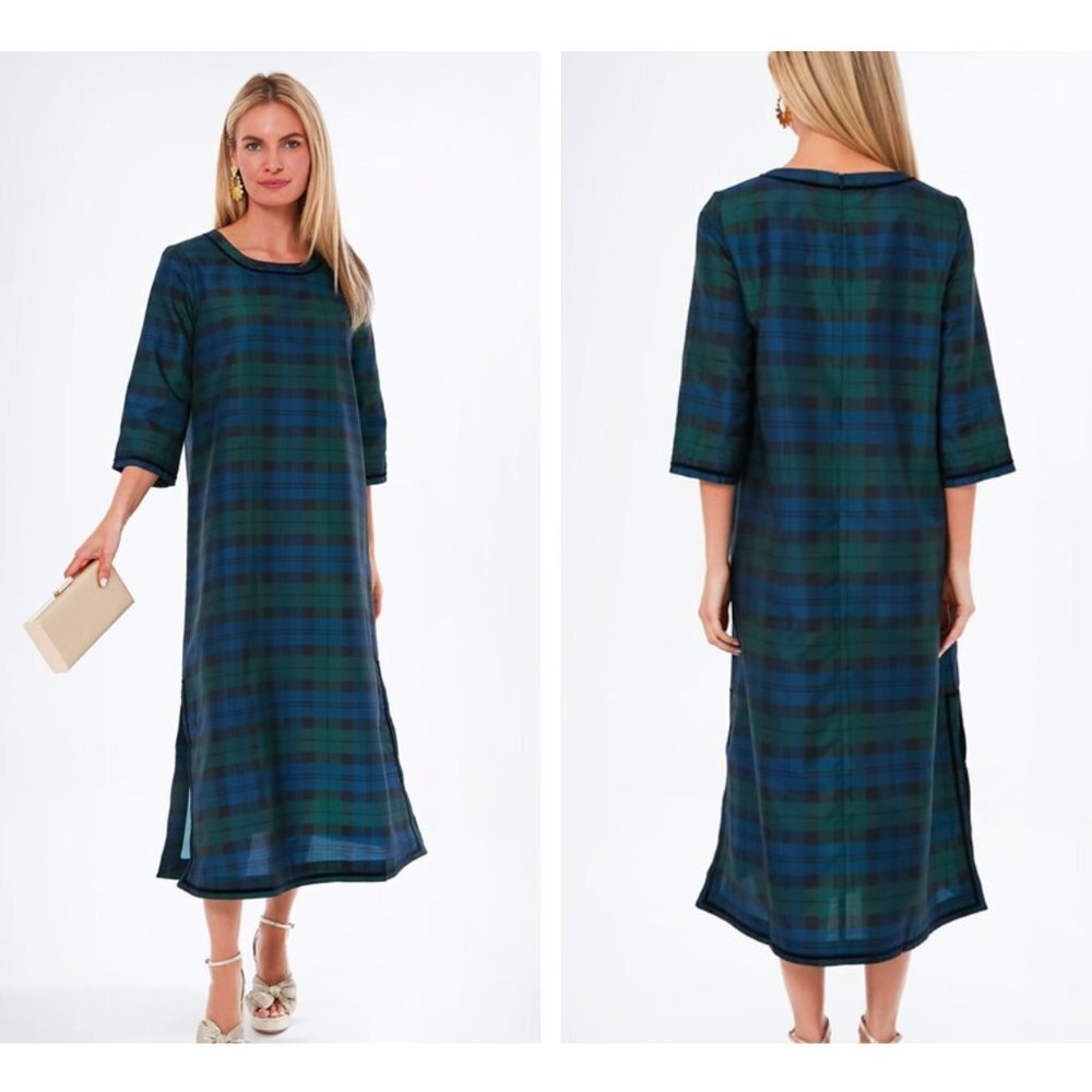 Tuckernuck | NEW Jamie Velvet Trimmed Plaid Blackwatch Midi Dress Size S - Picture 4 of 14